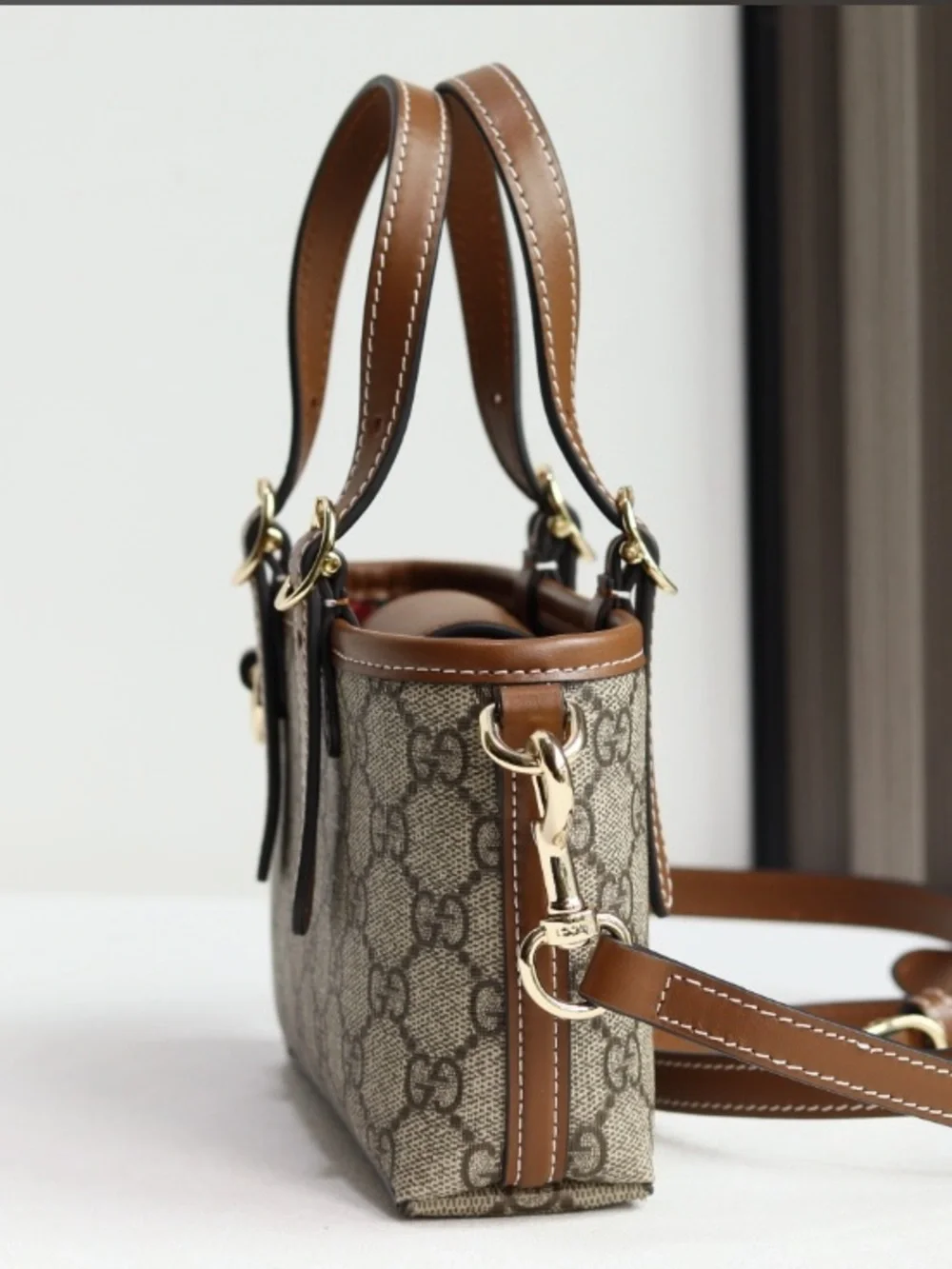 Gucci Beige GG Canvas Top-Handle Crossbody Bag with Brown Leather Trim
